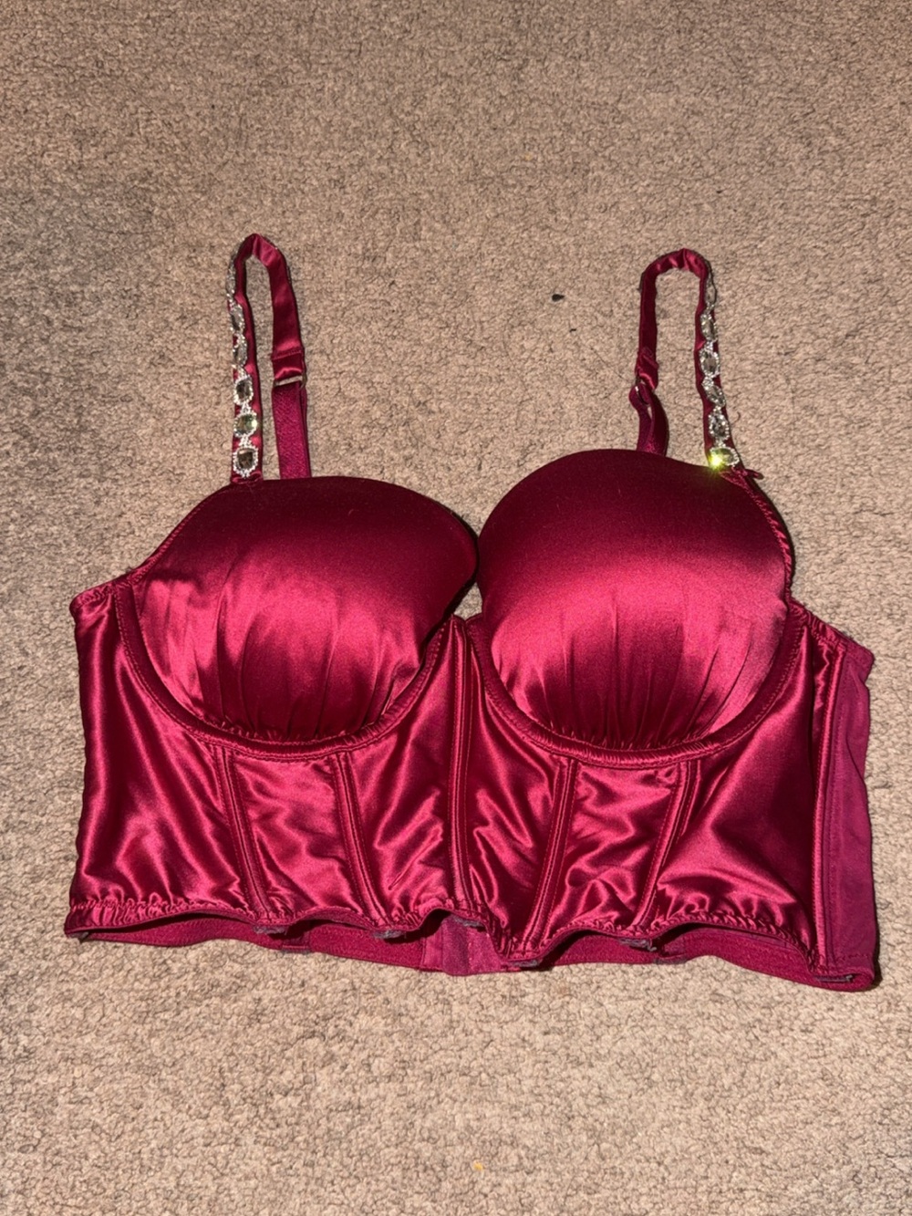Victoria's Secret Satin Longline Bra with Rhinestone Straps - Wine